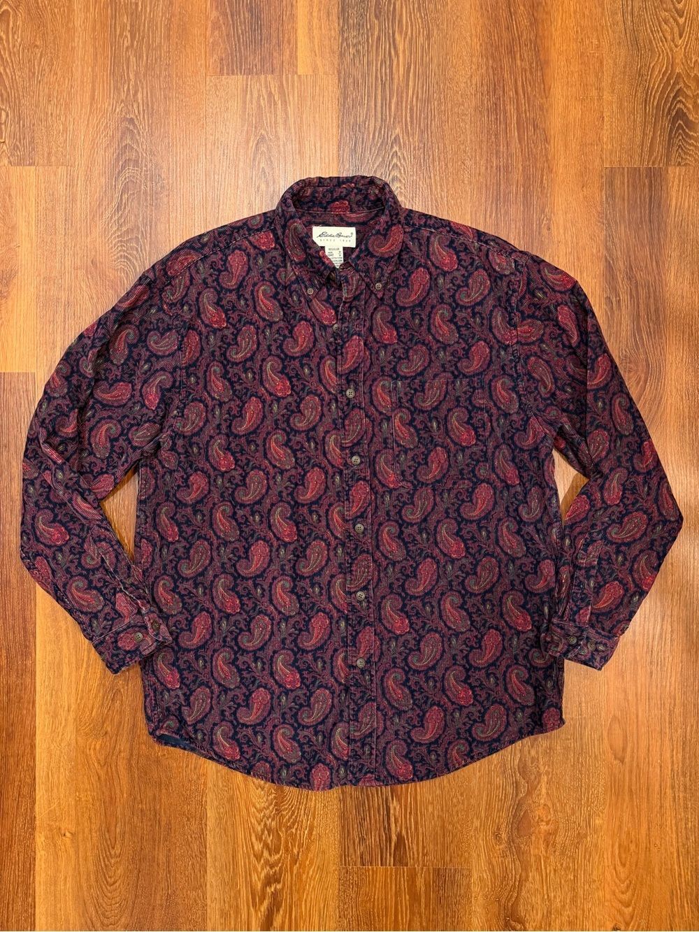 Vintage EDDIE BAUER Paisley Corduroy Button Down Shirt Men's M Burgundy Damask